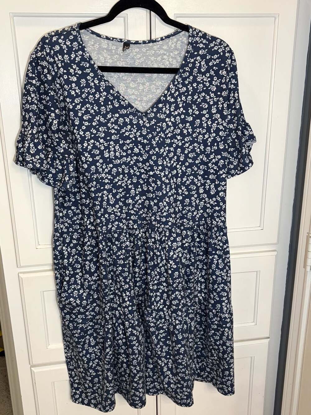 Navy Blue Ditsy Floral Tiered Smock Midi Dress with Ruffle Sleeves XL